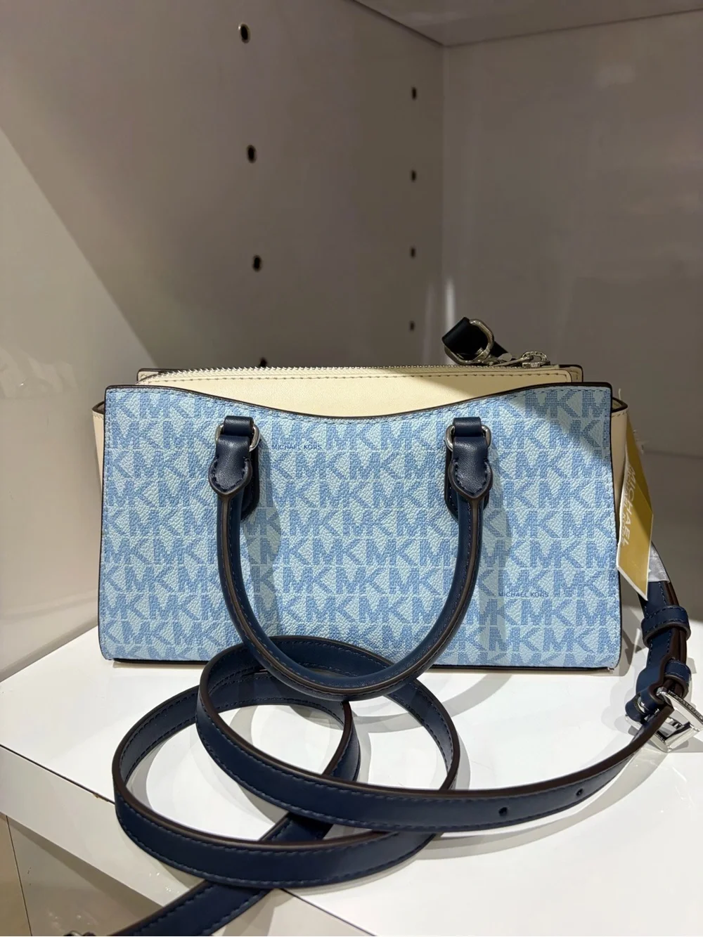 Michael Kors Light Blue Signature Satchel Crossbody with Navy Trim
